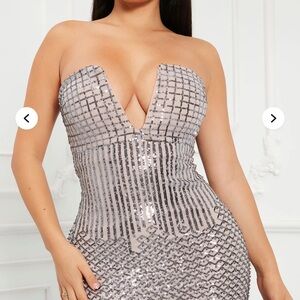 Fashion Nova Strapless Silver Sequin Dress